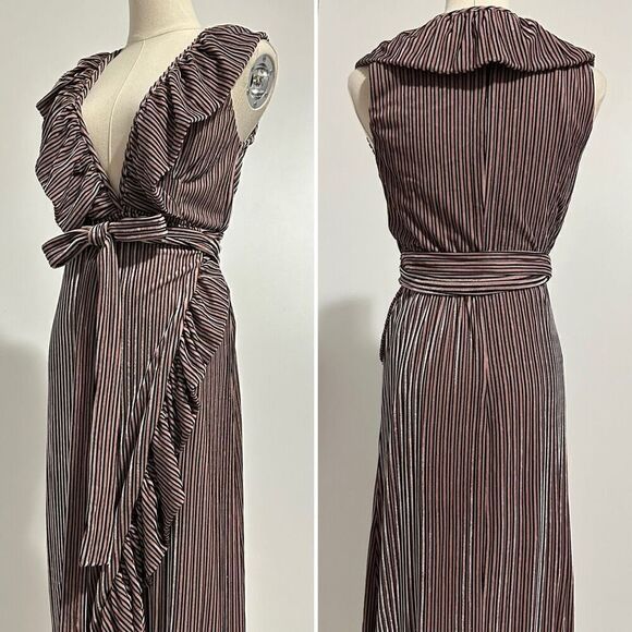 MISA Stripe Velvet Ruffle Wrap Midi ‘EVE’ Dress M Plunged V Neck Fairy Romantic - Picture 5 of 14